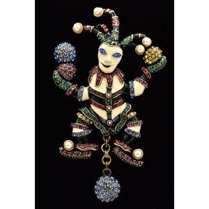 Heidi Daus Jester Harlequin Brooch Pin Rhinestone Crystal Pearl Dangle 4” BinBP